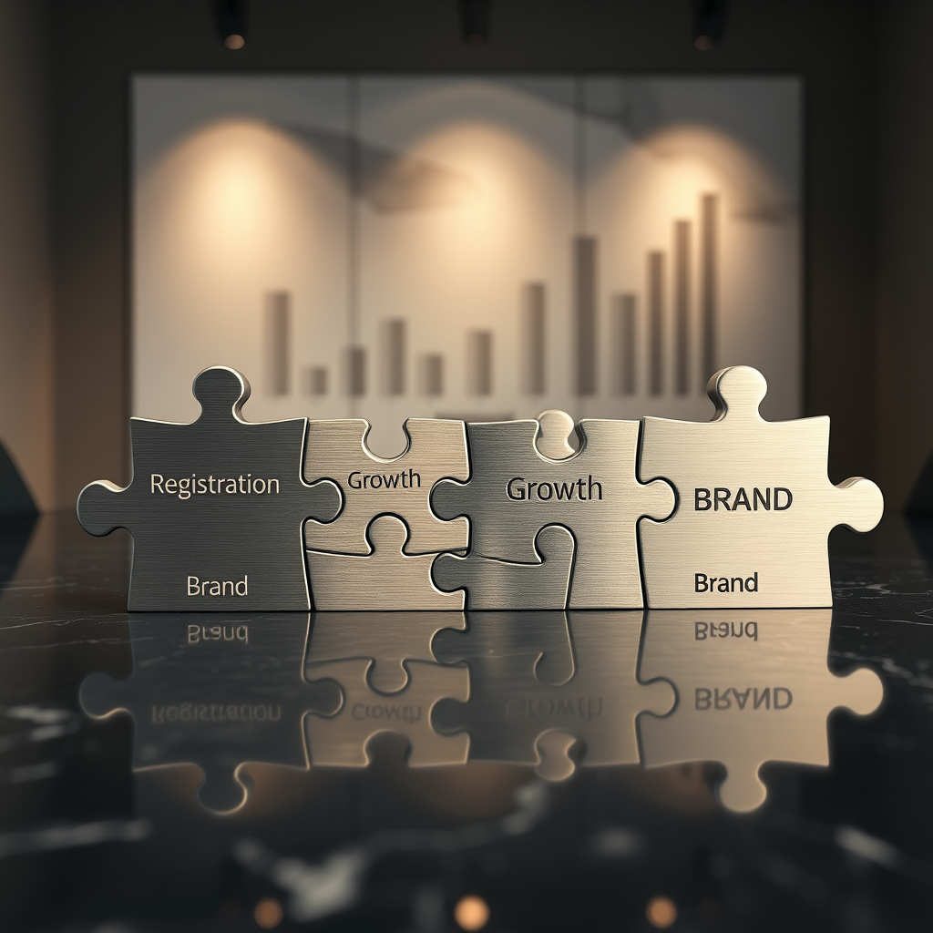 The puzzle pieces in the image represent registration, growth, and brand - key components of a business's expansion and de...